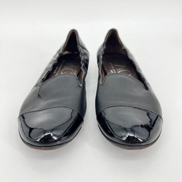 AGL Cap Toe Loafer Women EU 37.5 US 7.5 Black Leather Patent Ballet Flat Italy - Picture 2 of 9